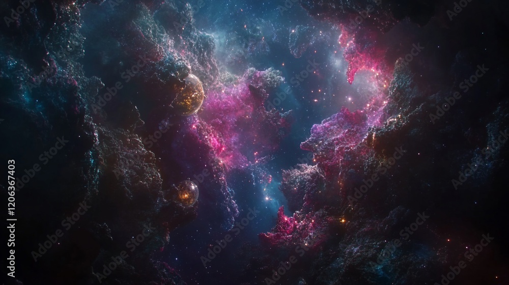 Fototapeta premium Cosmic Nebula: A Celestial Tapestry of Pink, Purple, and Blue