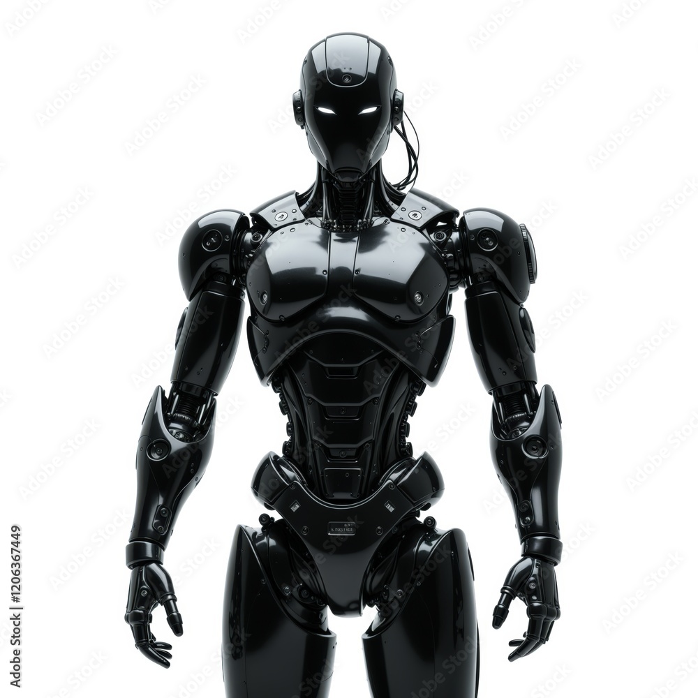 Image of a black humanoid robot against a white background.