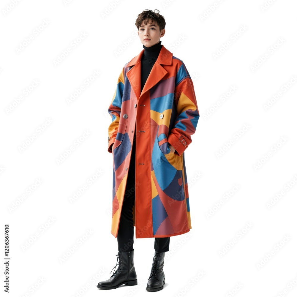 Teenage boy wearing a colorful geometric-patterned coat and black boots against a white background. Teenage boy wearing a colorful geometric-patterned coat and black boots against a white background.