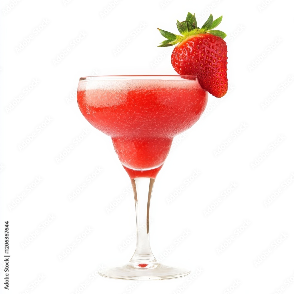 A fruity Strawberry Daiquiri with strawberry garnish, positioned against an isolated white background, surrealism art style A fruity Strawberry Daiquiri with strawberry garnish, positioned against an isolated white background, surrealism art style