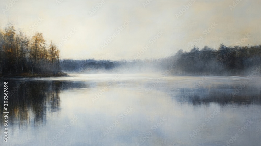Fototapeta premium Serene Misty Lake Landscape With Trees Reflected