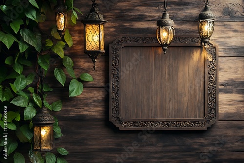 Rustic Wooden Frame Adorned with Chandelier Lanterns for Ramadan photo