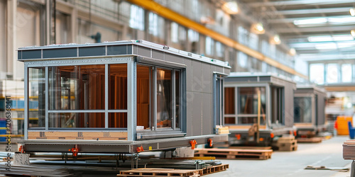 An indoor view of modular homes under assembly in a factory, showcasing prefabricated walls and building materials, highlighting innovation, accuracy, and contemporary housing solutions.