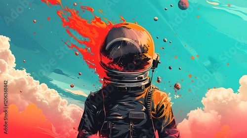 Astronaut engulfed in flames, cosmic background, album art, sci-fi photo