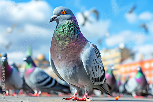 sky photography, capture sharp, high-res full-frame partly cloudy sky with clear pigeons using a mm lens for the best quality from ground photo