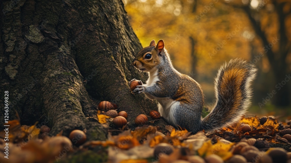 Fototapeta premium Grey Squirrel Gathering Acorns In Autumn Woods