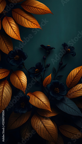 black and gold leaves background with black flowers,muted earth tones, junglepunk, dark teal and orange, cinematic, with white tones photo