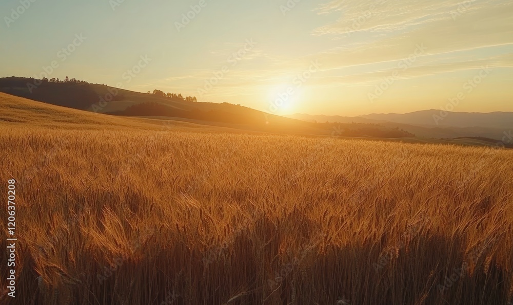 Expansive sunrise landscape of golden wheat field Expansive sunrise landscape of golden wheat field