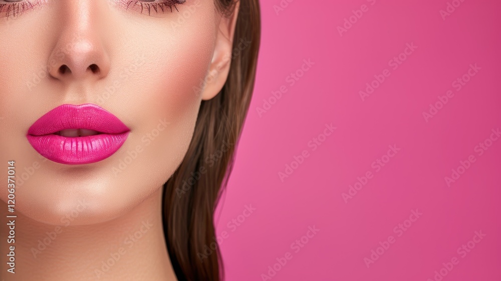 Discover the art of glamour with a fashionable woman showcasing bright makeup and shiny lips in a captivating portrait. Discover the art of glamour with a fashionable woman showcasing bright makeup and shiny lips in a captivating portrait.