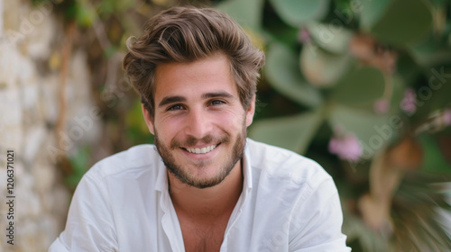 A young man relaxes outdoors, radiating confidence with a bright smile, embodying the essence of summer joy.