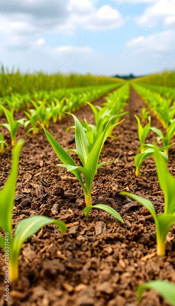 cultivated corn field, earth day concept, plants in the ground, green world, young plants germinates in fresh soil, detailed, with white tones cultivated corn field, earth day concept, plants in the ground, green world, young plants germinates in fresh soil, detailed, with white tones