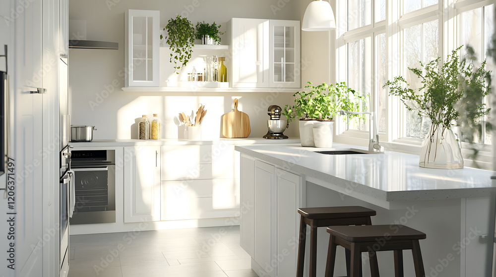 Fototapeta premium Inviting kitchen with wooden elements and abundant light.