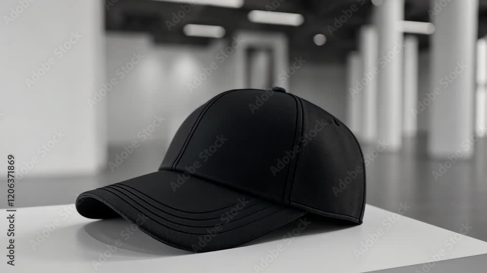 Stylish black cap displayed on a minimalist pedestal in a modern exhibition space with white walls Stylish black cap displayed on a minimalist pedestal in a modern exhibition space with white walls