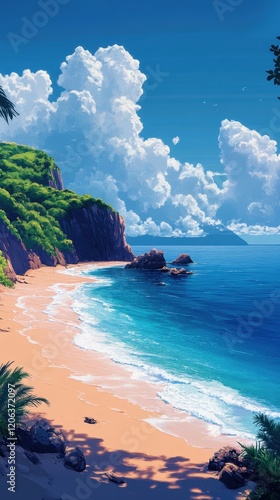 Sunlit Tropical Beach Paradise with Azure Ocean Waves and Lush Cliffs under Vibrant Blue Sky with Majestic Cloud Formations
