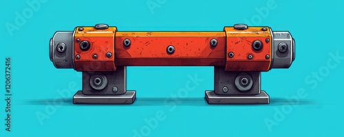 Industrial machinery part with orange metallic frame and bolt details, positioned symmetrically on a turquoise background highlighting engineering design photo