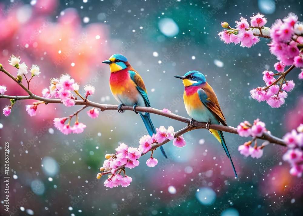 Winter Wonderland: Colorful Birds on Blossom Branch with Snowflakes - Drone View Winter Wonderland: Colorful Birds on Blossom Branch with Snowflakes - Drone View