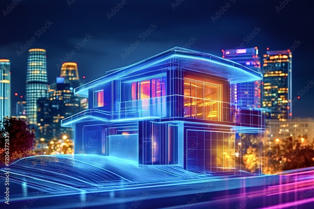 Fototapeta premium Hologram of a modern house project with glowing windows is standing in a smart city with skyscrapers at night, symbolizing innovation in architecture and construction