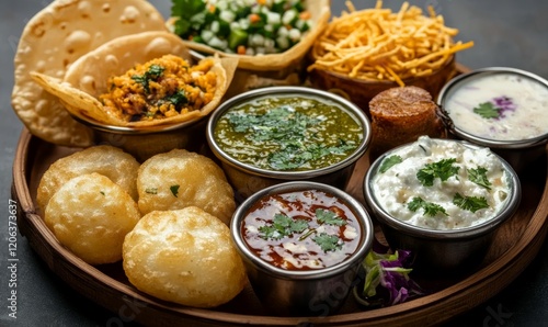 Famous Indian Dahi vada or dahi bhalla chaat served with papdi and sev and chutney, Low Angle photo