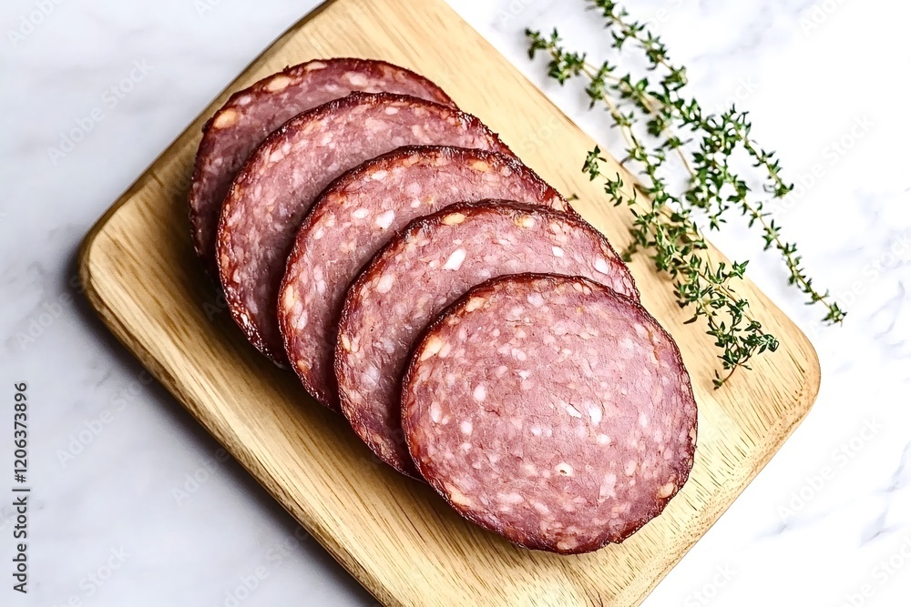 Thinly sliced sausage arranged artfully on a rustic wooden cutting board, garnished with vibrant fresh thyme sprigs, offers a mouthwatering appetizer presentation perfect for any gathering Thinly sliced sausage arranged artfully on a rustic wooden cutting board, garnished with vibrant fresh thyme sprigs, offers a mouthwatering appetizer presentation perfect for any gathering