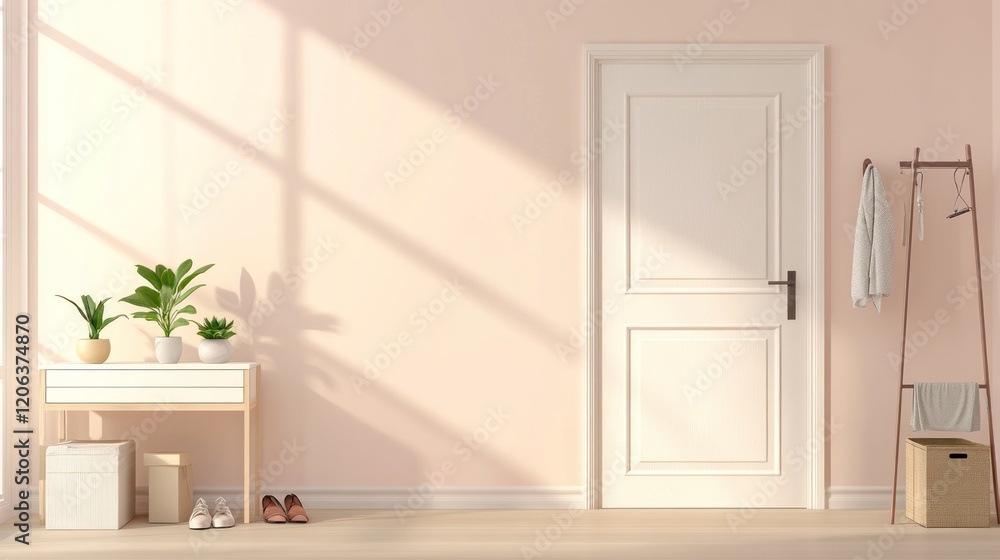Fototapeta premium Serene Minimalist Entryway: Sunlight Streaming into a Calm and Stylish Home Interior