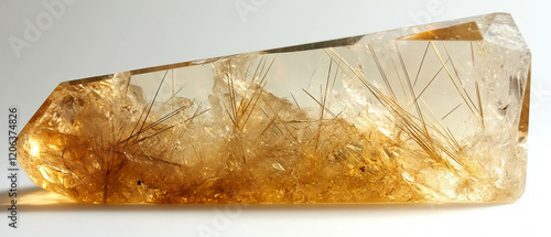 Stunning rutilated quartz showcases golden needle-like inclusions and captivating texture