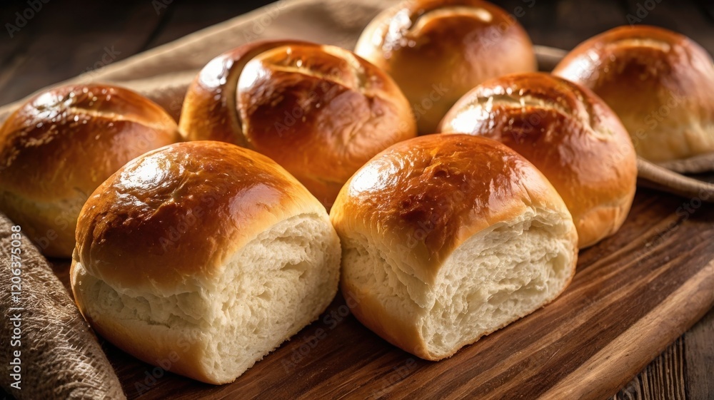 Freshly Baked Soft Dinner Rolls with Golden-Brown Crust on a Wooden Board Freshly Baked Soft Dinner Rolls with Golden-Brown Crust on a Wooden Board