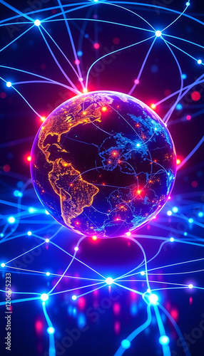 Worldwide network  earth surrounded by innovative perceptron lines for global connectivity, glowing neon, with white tones photo