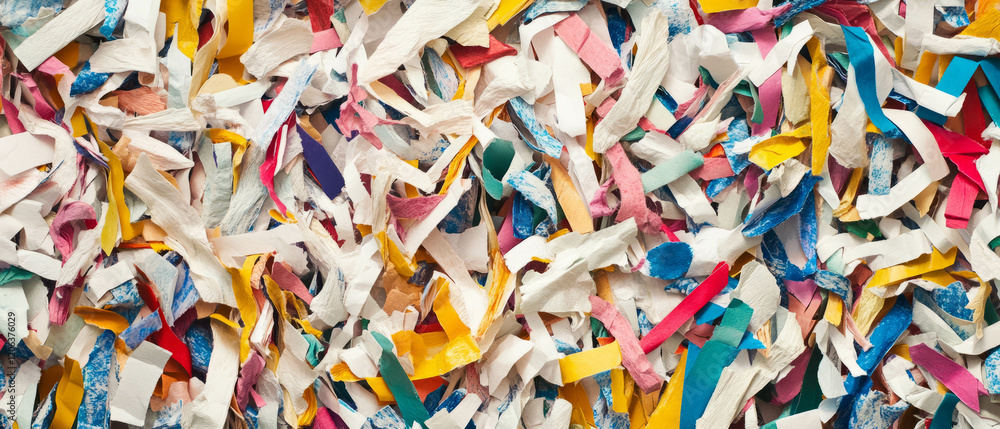 Textured background of colorful shredded paper strips creates vibrant visual interest Textured background of colorful shredded paper strips creates vibrant visual interest