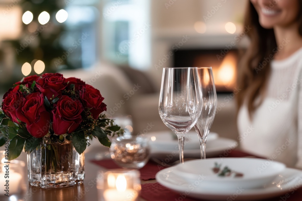 A lovely dinner setup featuring a floral centerpiece of red roses, intricately arranged glassware, and cozy candlelight, suggesting warmth and romantic intimacy. A lovely dinner setup featuring a floral centerpiece of red roses, intricately arranged glassware, and cozy candlelight, suggesting warmth and romantic intimacy.