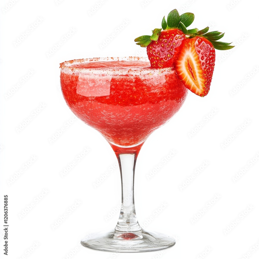 A fruity strawberry daiquiri with strawberry garnish, presented against an isolated white background, pop art style A fruity strawberry daiquiri with strawberry garnish, presented against an isolated white background, pop art style