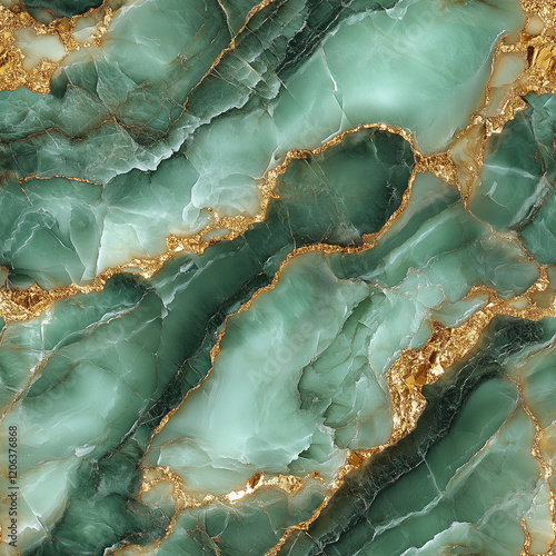 Emerald green marble with golden veins and polished textures in a seamless pattern