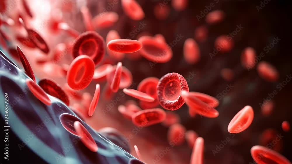 3D rendering of red blood cells in a vein, with a depth of field effect ...