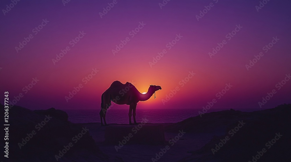Camel Silhouette at Sunset Over Ocean Rocks Camel Silhouette at Sunset Over Ocean Rocks