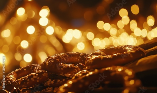 Extreme close-up image of Oktoberfest celebration with beer and pretzels under festive lights photo