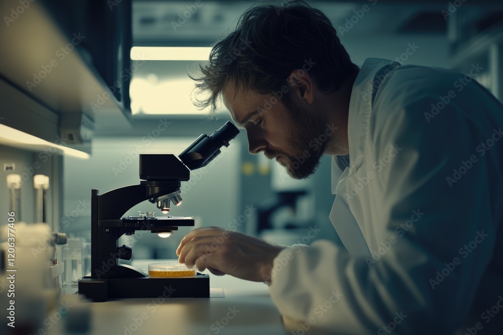 A scientist meticulously examines a sample under a microscope in a dimly lit laboratory setting. A scientist meticulously examines a sample under a microscope in a dimly lit laboratory setting.