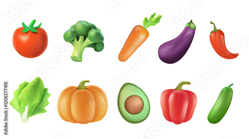 Collection of colorful 3D fresh delicious vegetables isolated on white background. Bundle of healthy and tasty vegan products, wholesome vegetarian food. 3D cartoon vector illustration