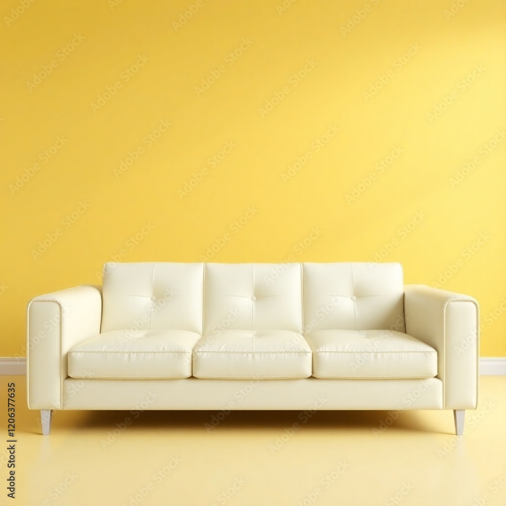 3D render, room interior with a white leather sofa, yellow color palette. 3D render, room interior with a white leather sofa, yellow color palette.