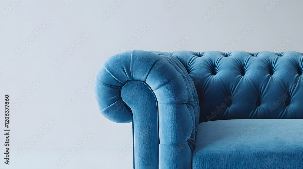 Obraz premium Cozy blue sofa in a softly lit living room, with light streaming through the window.