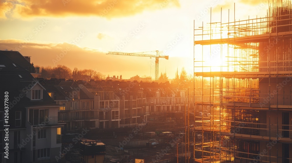 Obraz premium Golden Hour Construction Site Residential Development