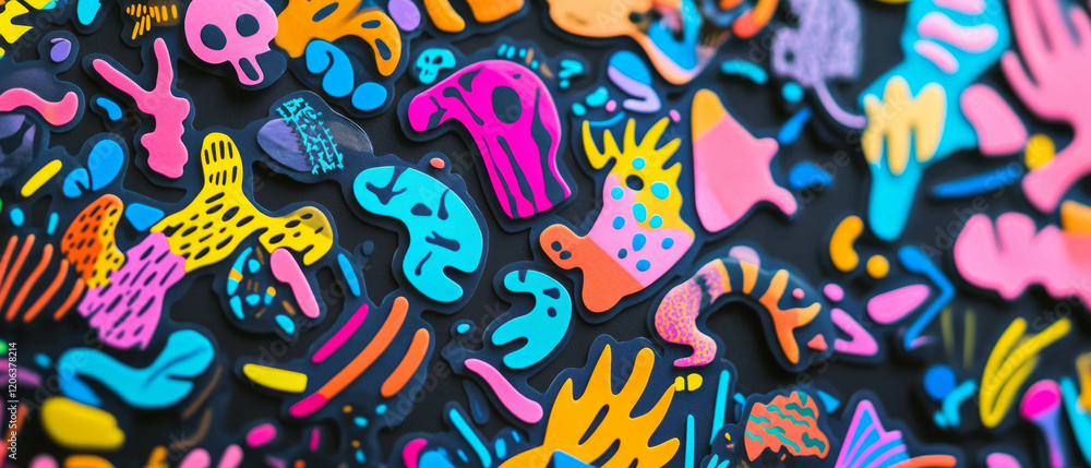 Obraz premium Colorful sticker sheets showcase vibrant designs and glossy textures for creative fun