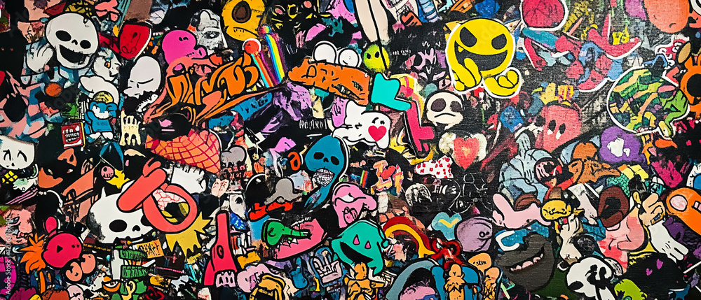 Colorful sticker bomb patterns showcase overlapping playful designs and textures Colorful sticker bomb patterns showcase overlapping playful designs and textures