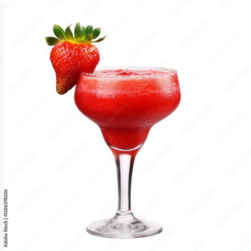 A fruity strawberry daiquiri with strawberry garnish, presented against an isolated white background, pop art style A fruity strawberry daiquiri with strawberry garnish, presented against an isolated white background, pop art style