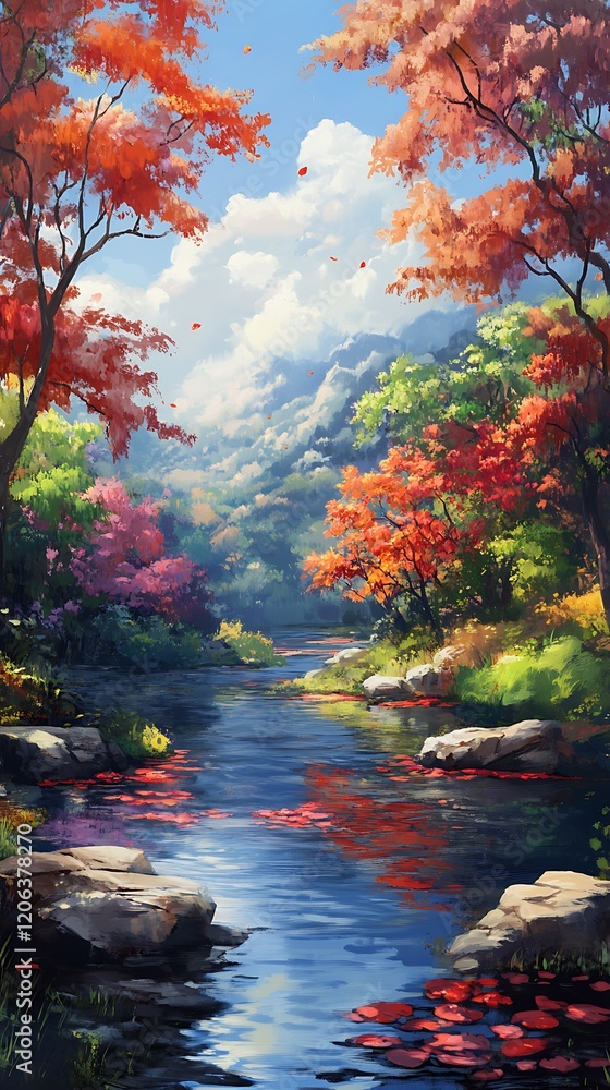 A serene river scene surrounded by vibrant autumn foliage. A serene river scene surrounded by vibrant autumn foliage.