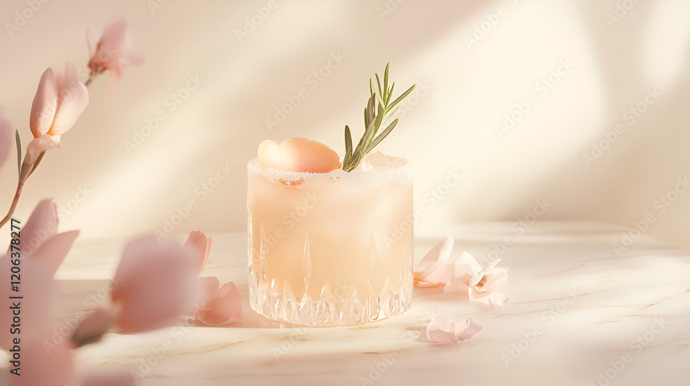 Refreshing cocktail garnished with rosemary and peach slice, sits on a marble surface with delicate pink flowers. Refreshing cocktail garnished with rosemary and peach slice, sits on a marble surface with delicate pink flowers.