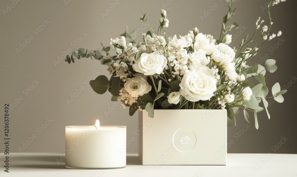 Obraz premium flower bouquet and candle in white box