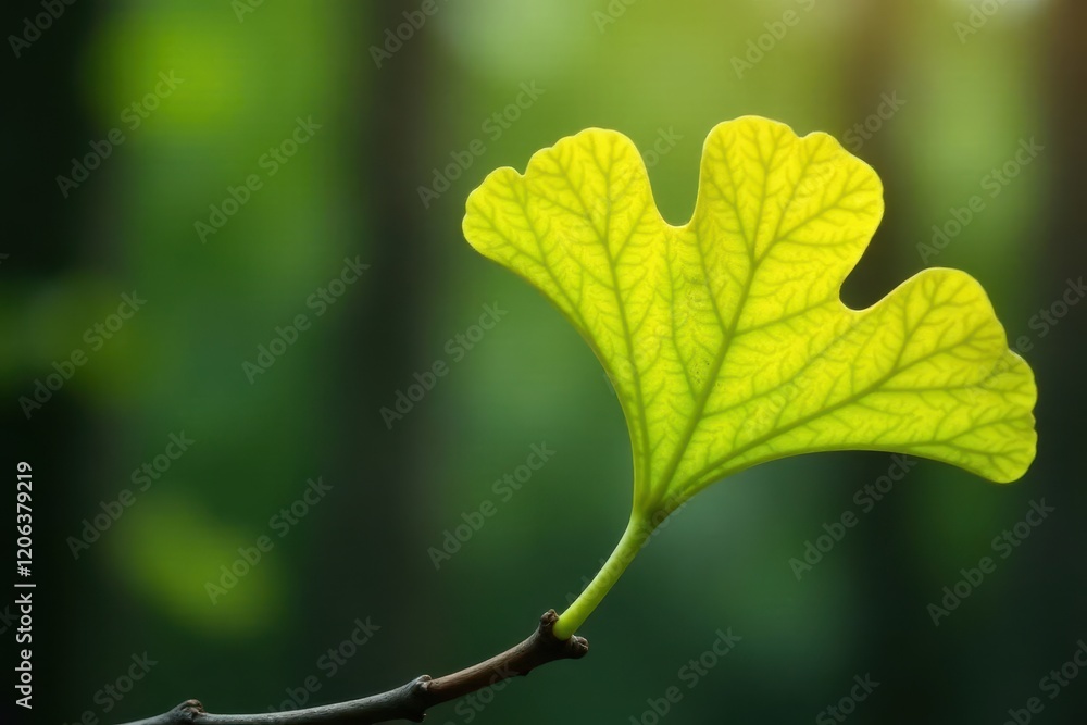 Single yellowish ginkgo biloba leaf on a bare twig, single stem, nature, botanical Single yellowish ginkgo biloba leaf on a bare twig, single stem, nature, botanical