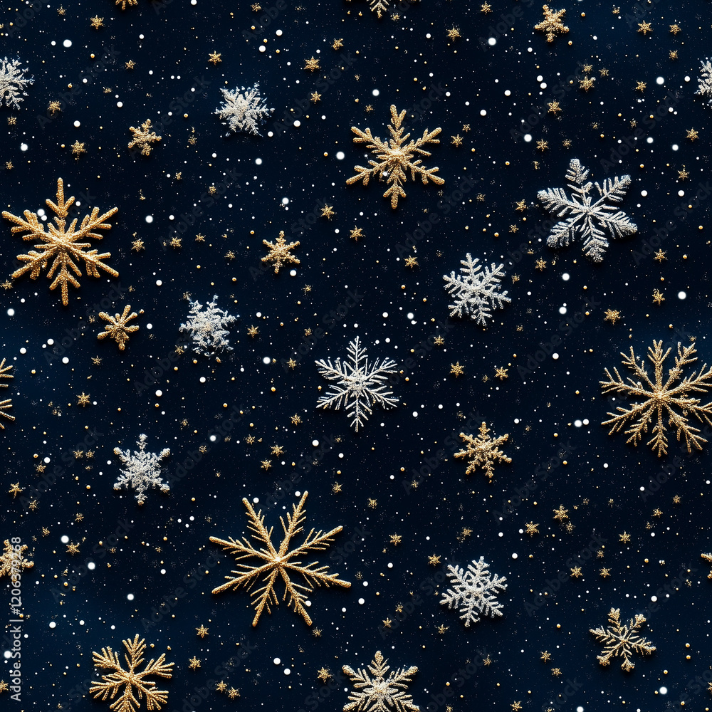Golden snowflakes and stars on a shimmering cosmic blue backdrop in a seamless pattern Golden snowflakes and stars on a shimmering cosmic blue backdrop in a seamless pattern