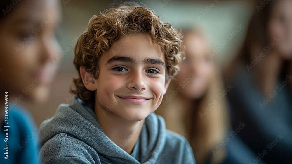 Young Boy With Curly Hair Smiling While Engaged in a Group Discussion at a Classroom Setting During a Bright Afternoon Young Boy With Curly Hair Smiling While Engaged in a Group Discussion at a Classroom Setting During a Bright Afternoon