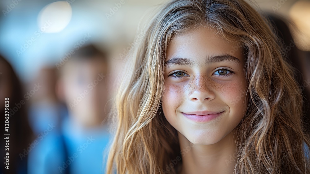 Young Girl Smiles Brightly in a Crowded Hallway During a School Event on a Sunny Day Young Girl Smiles Brightly in a Crowded Hallway During a School Event on a Sunny Day