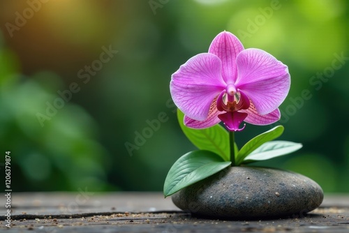 Single rosy orchid on a natural stone surface, solitary, rosy orchid, rock